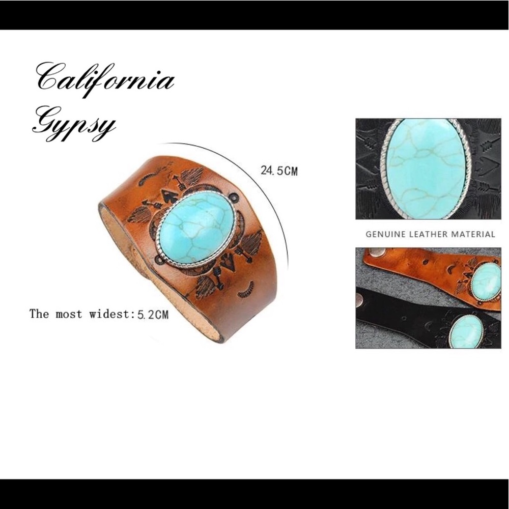 Tooled Leather Turquoise Western Vintage Cuff✨ - Picture 4 of 4